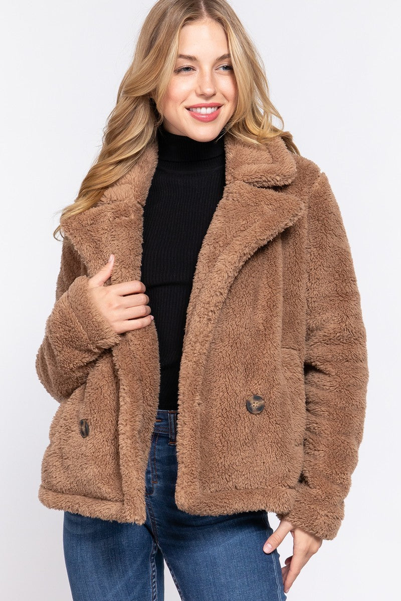 Camel Faux Fur Sherpa Jacket with notched collar, showcasing its luxurious texture and elegant design.