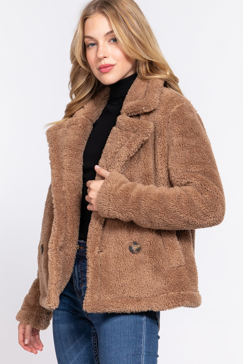 Camel Faux Fur Sherpa Jacket with notched collar, showcasing its luxurious texture and elegant design.