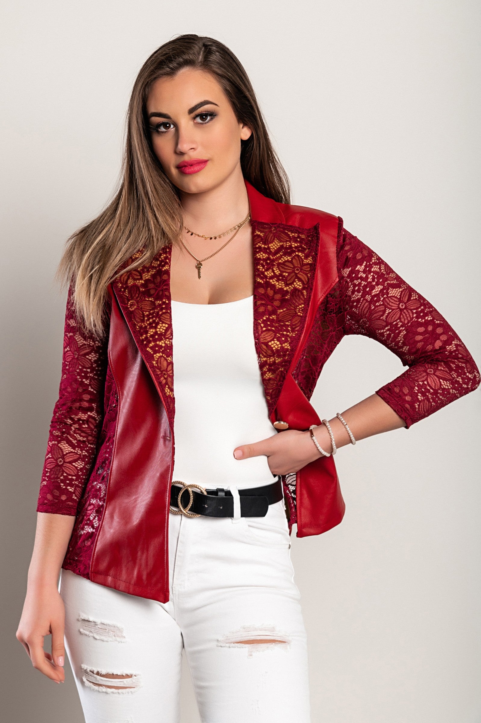 Burgundy faux leather blazer with lace collar and 3/4 sheer lace sleeves, showcasing elegant design and high-quality craftsmanship.