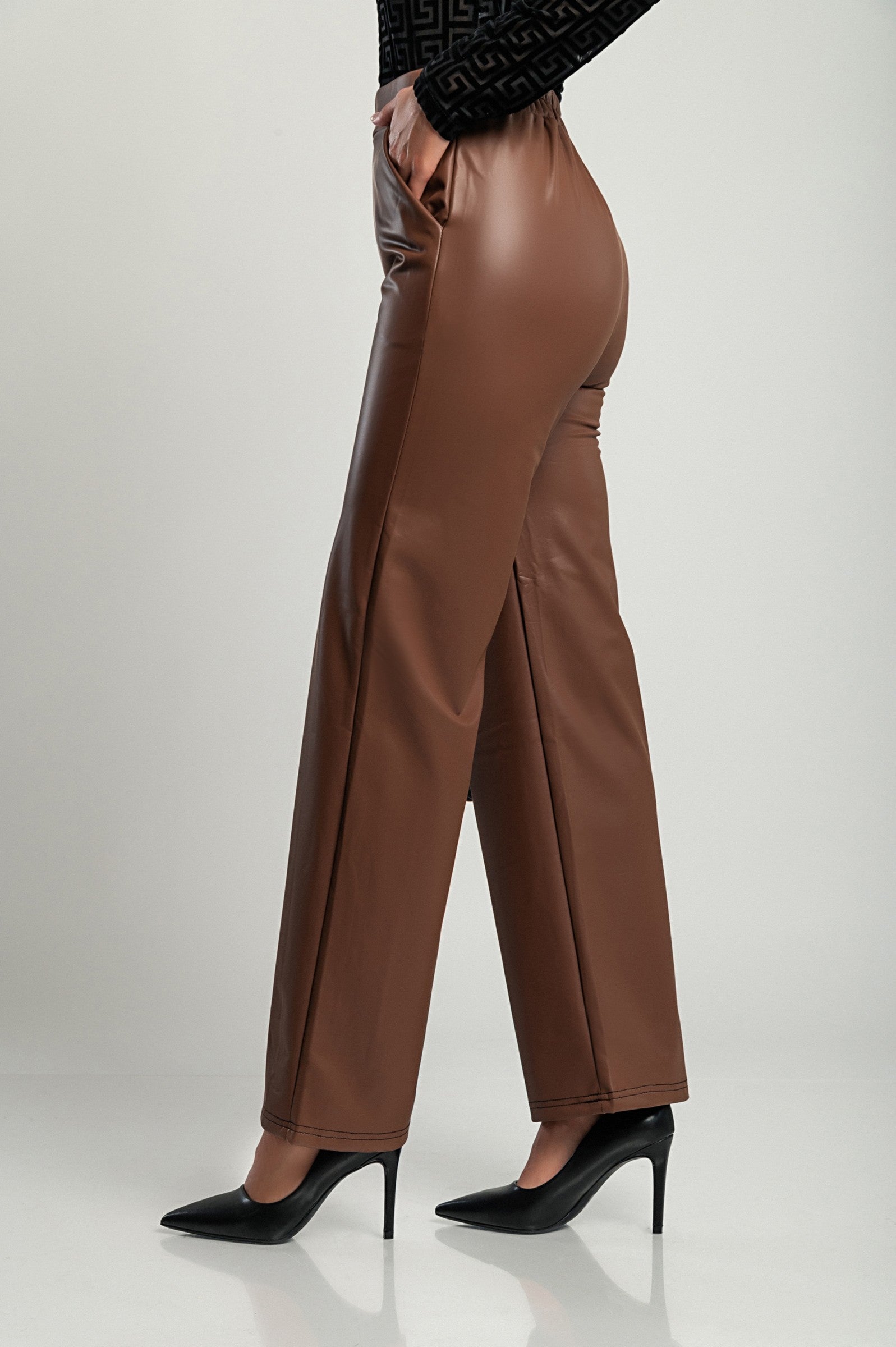 Stylish brown faux leather pants with high elastic waist and straight leg design, featuring side pockets and padded lining.