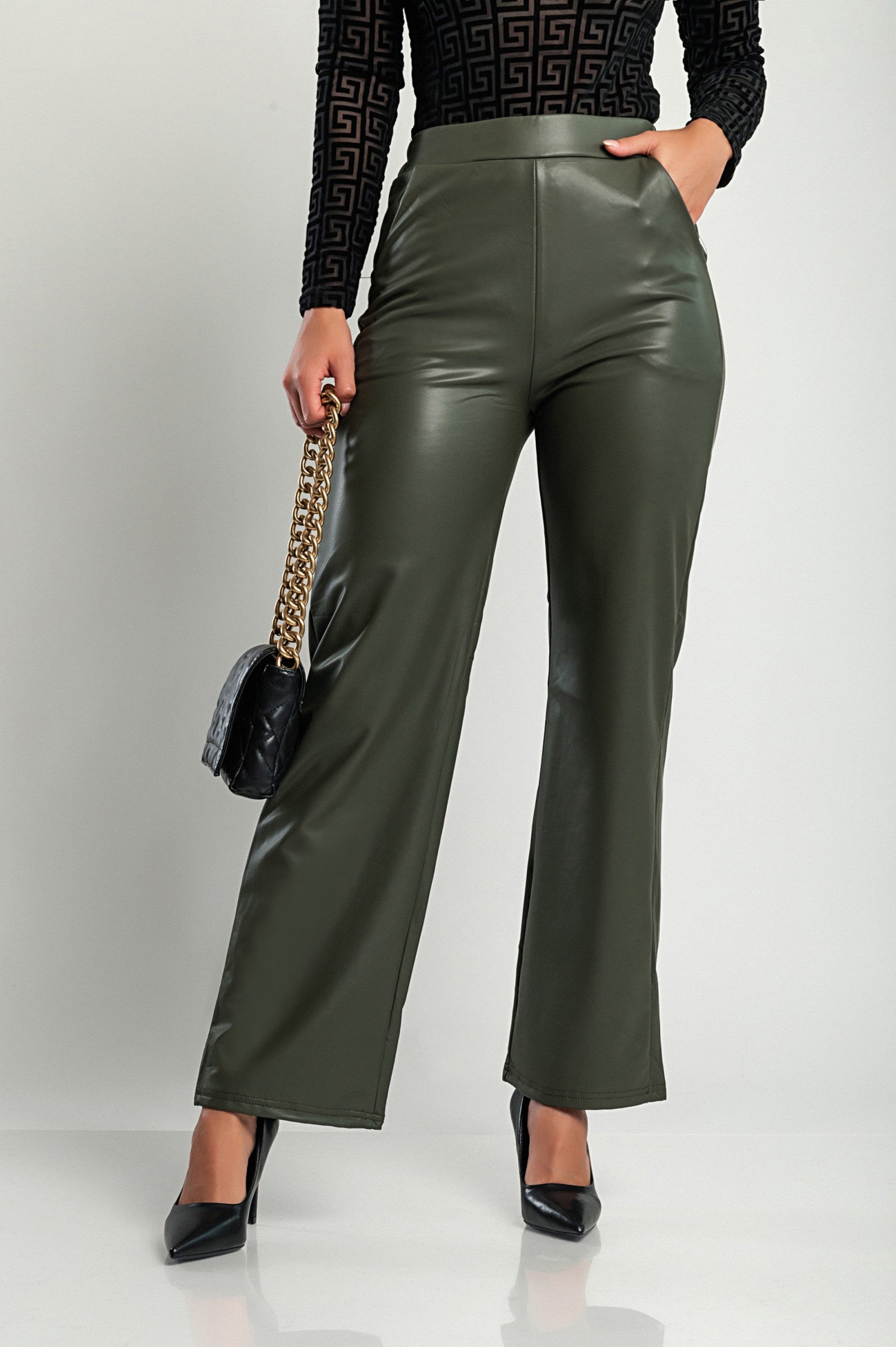 Olive faux leather pants with high elastic waist and side pockets, showcasing a stylish straight leg design.