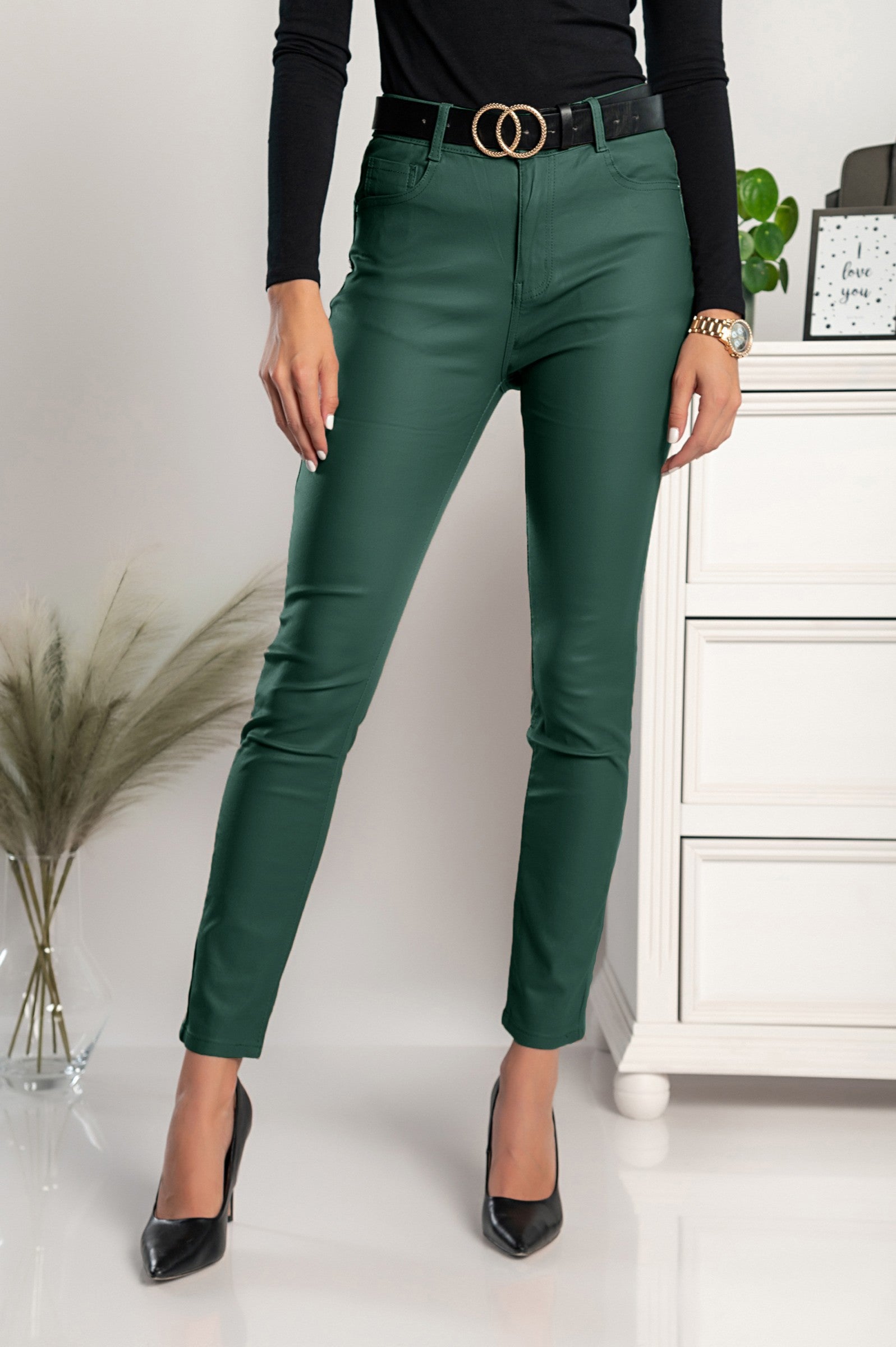 Faux Leather Tight Pants Roda in Petrol, showcasing the stylish design with pockets and zip fly.