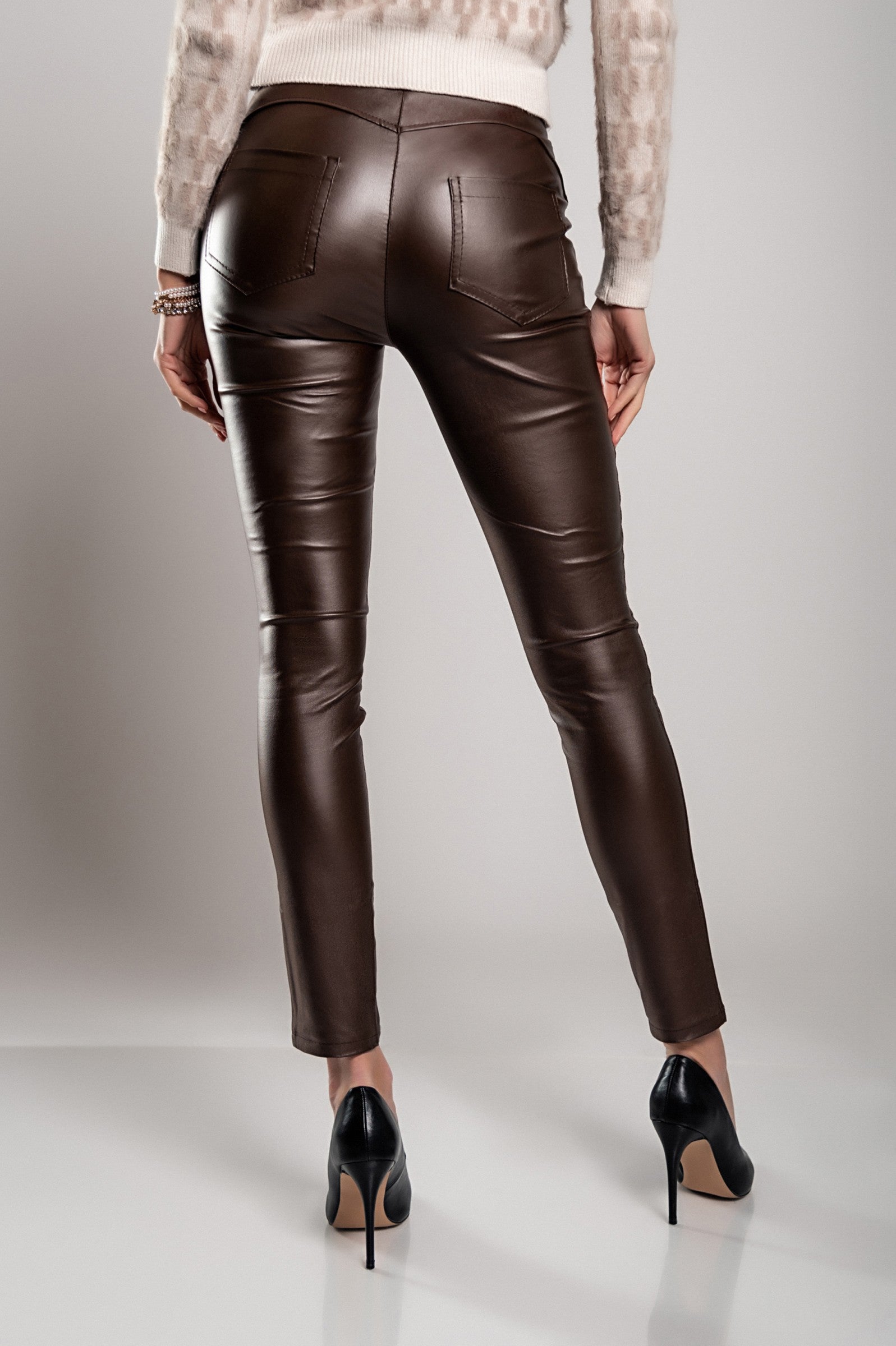 Faux leather tight trousers Roda in brown, featuring a zip fly, button closure, and straight leg design, perfect for stylish outfits.