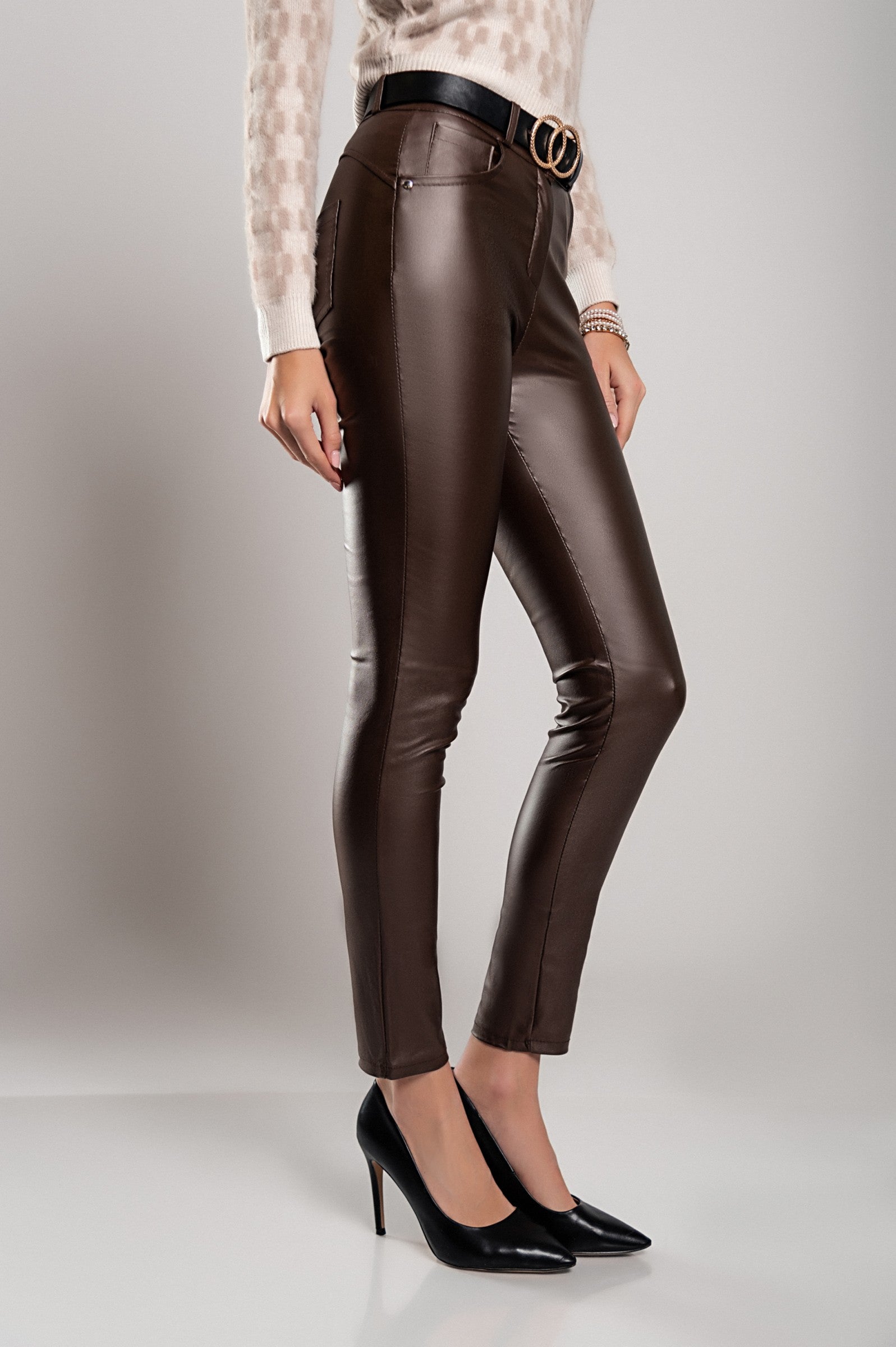 Faux leather tight trousers Roda in brown, featuring a zip fly, button closure, and straight leg design, perfect for stylish outfits.