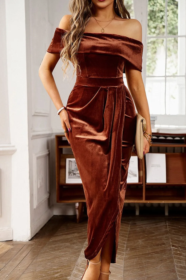 Elegant brown faux velvet midi dress featuring a boat neckline and long sleeves, designed with a stylish wrap skirt.