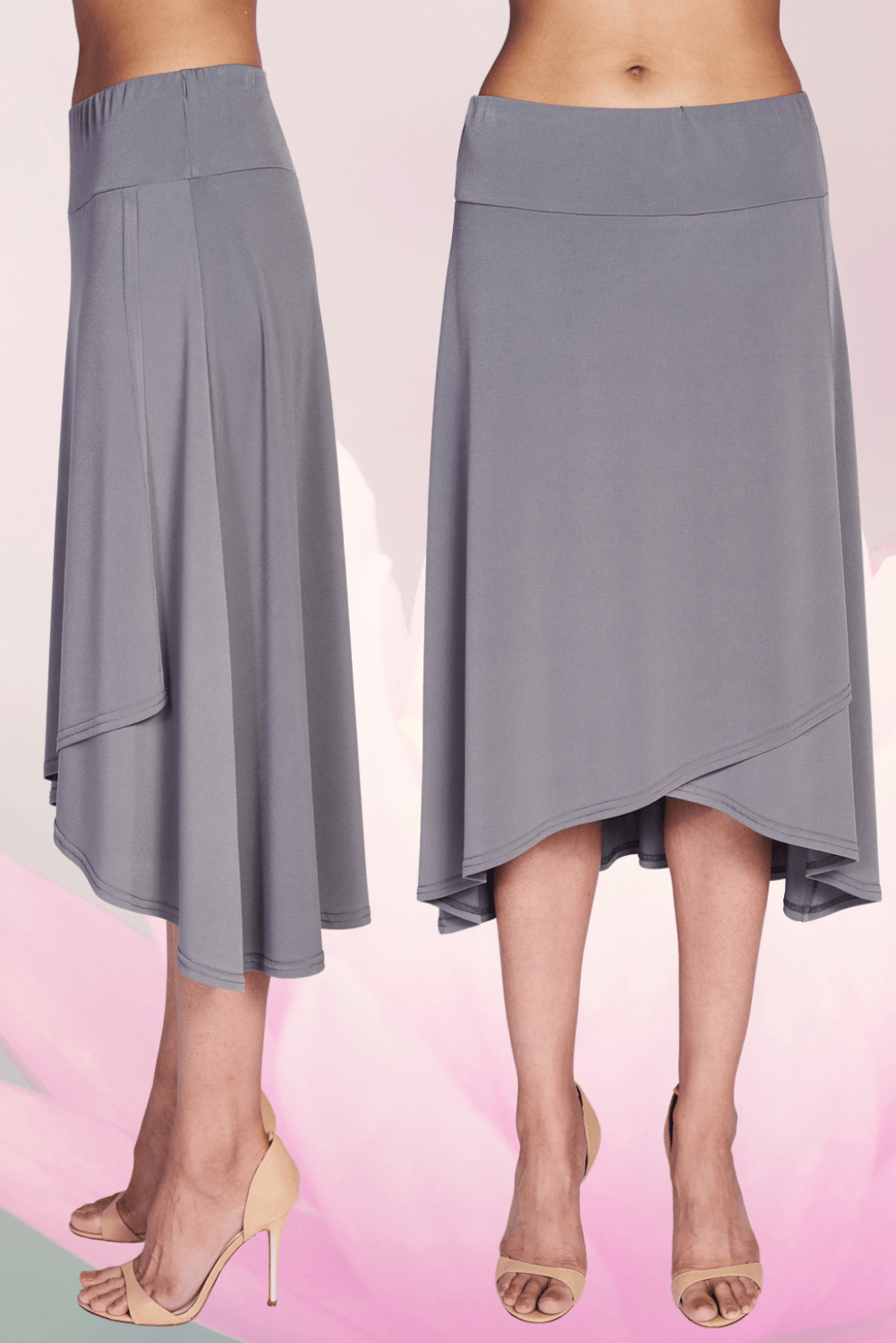 A stylish faux wrap skirt featuring a flared bottom and elastic waistband, perfect for versatile wear.