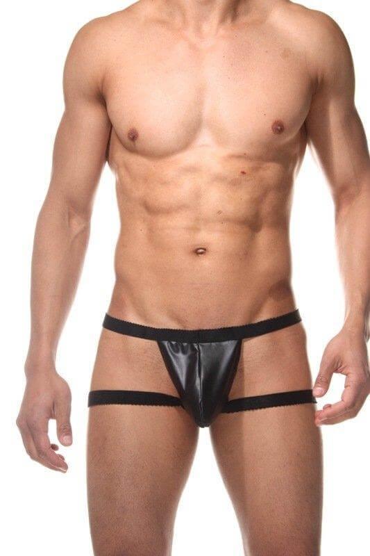 Fida Mo Low Waist Vinyl Men's Jockstrap showcasing its sleek design and stretchy material.