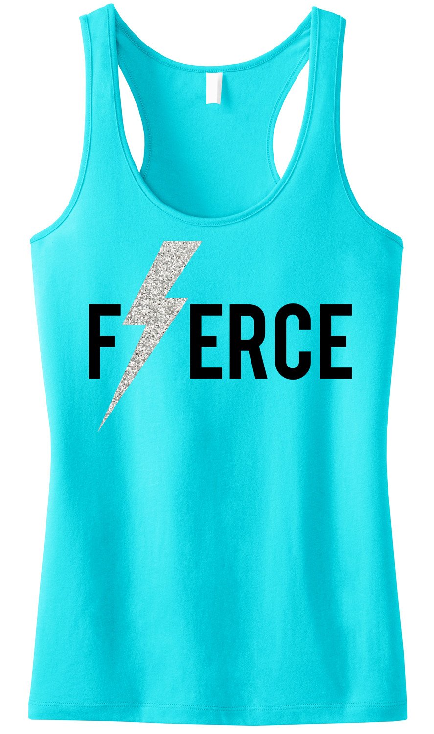 FIERCE Glitter Lightning Tank Top in Aqua color with a stylish glitter lightning print, showcasing a racerback design.