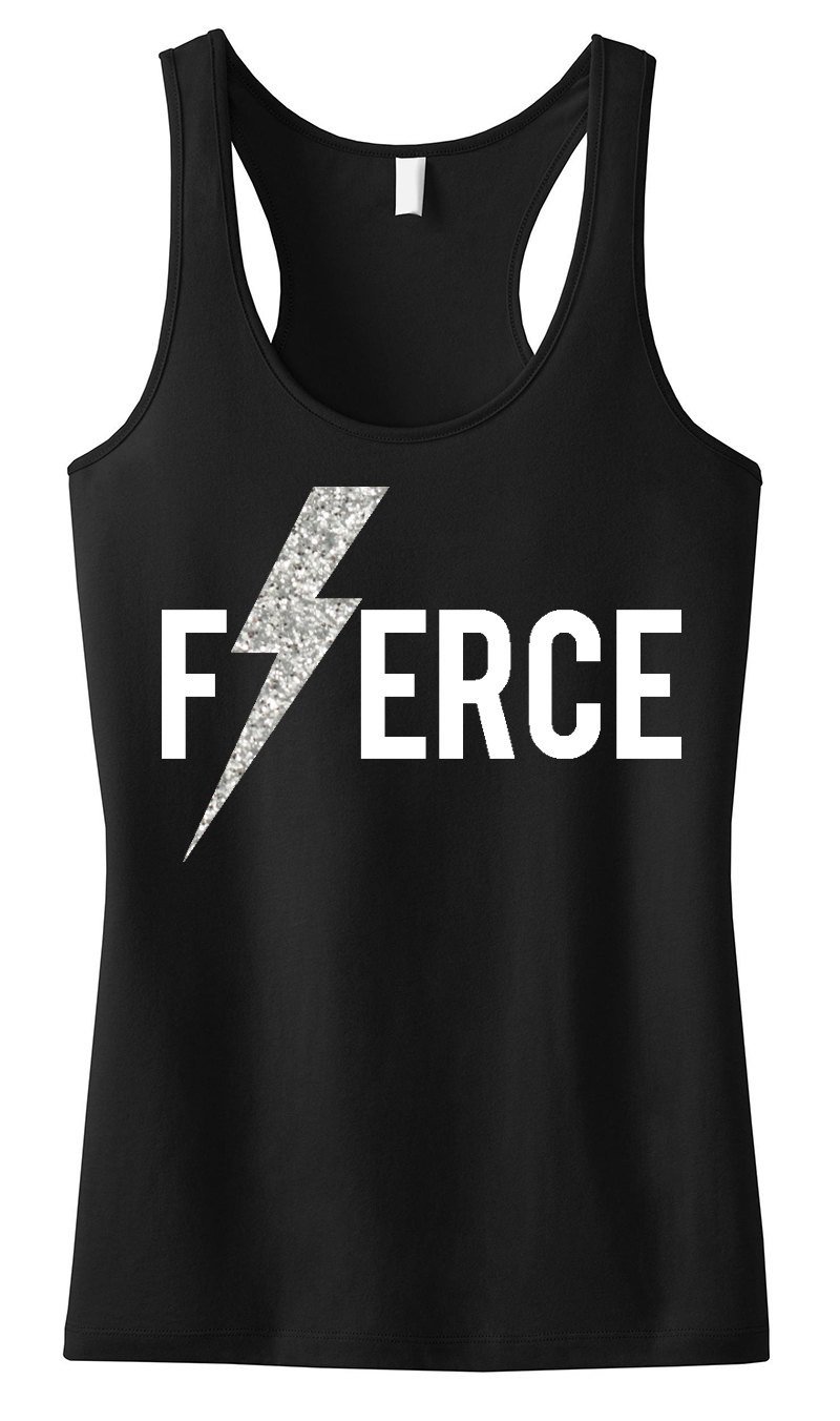 FIERCE Glitter Lightning Tank Top in black with a glitter lightning print, showcasing a racerback design and soft fabric.