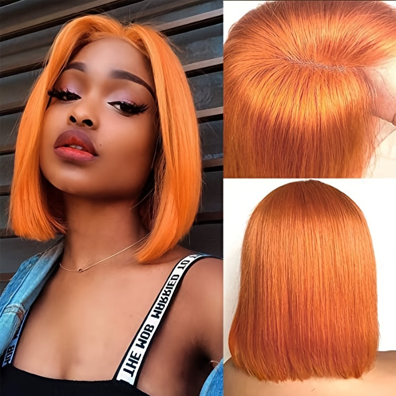 Fierce Human Hair Wig in vibrant orange color, featuring straight strands and a glueless lace front cap for a natural look.