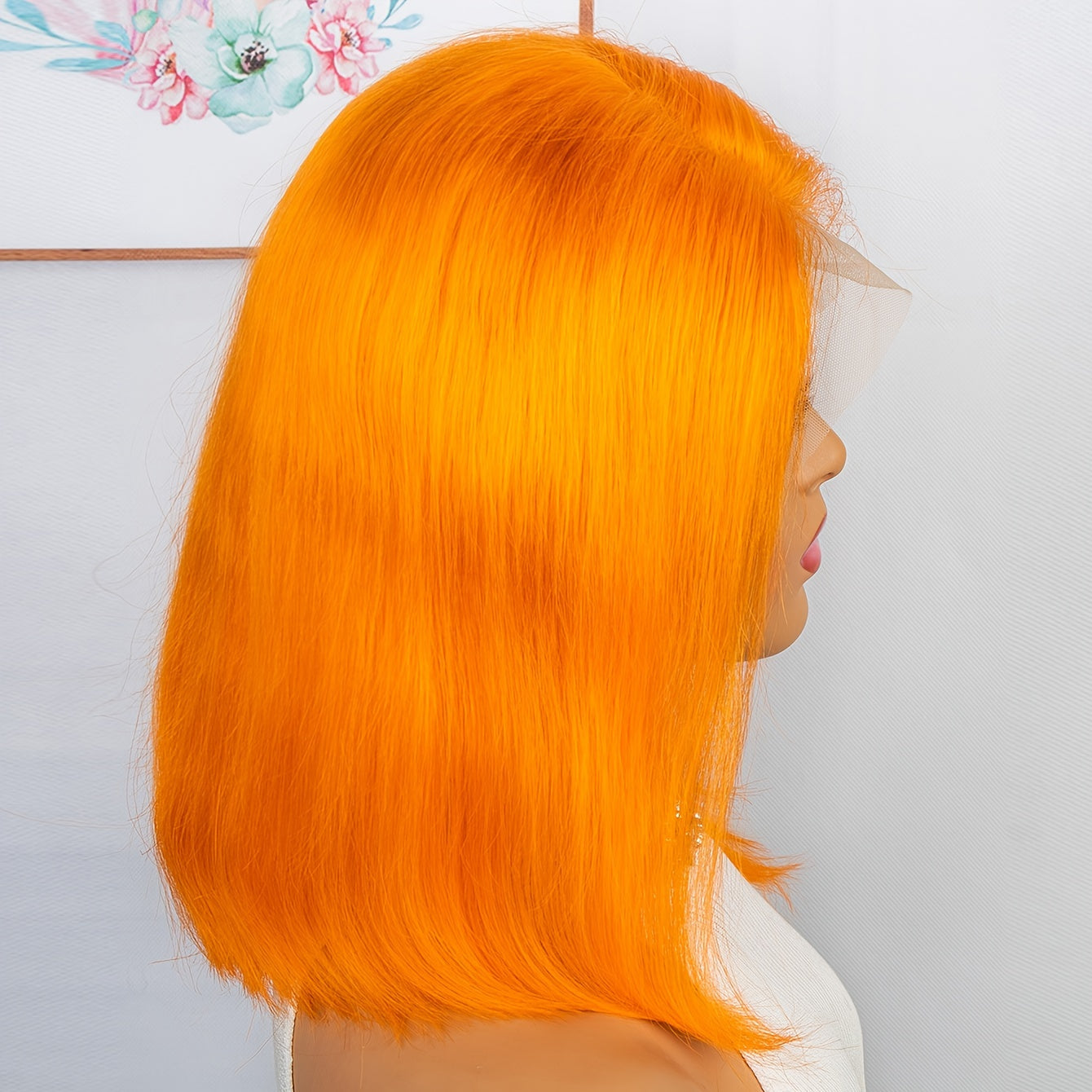 Fierce Human Hair Wig in vibrant orange color, featuring straight strands and a glueless lace front cap for a natural look.