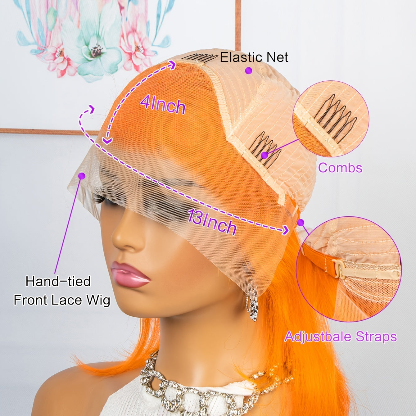 Fierce Human Hair Wig in vibrant orange color, featuring straight strands and a glueless lace front cap for a natural look.