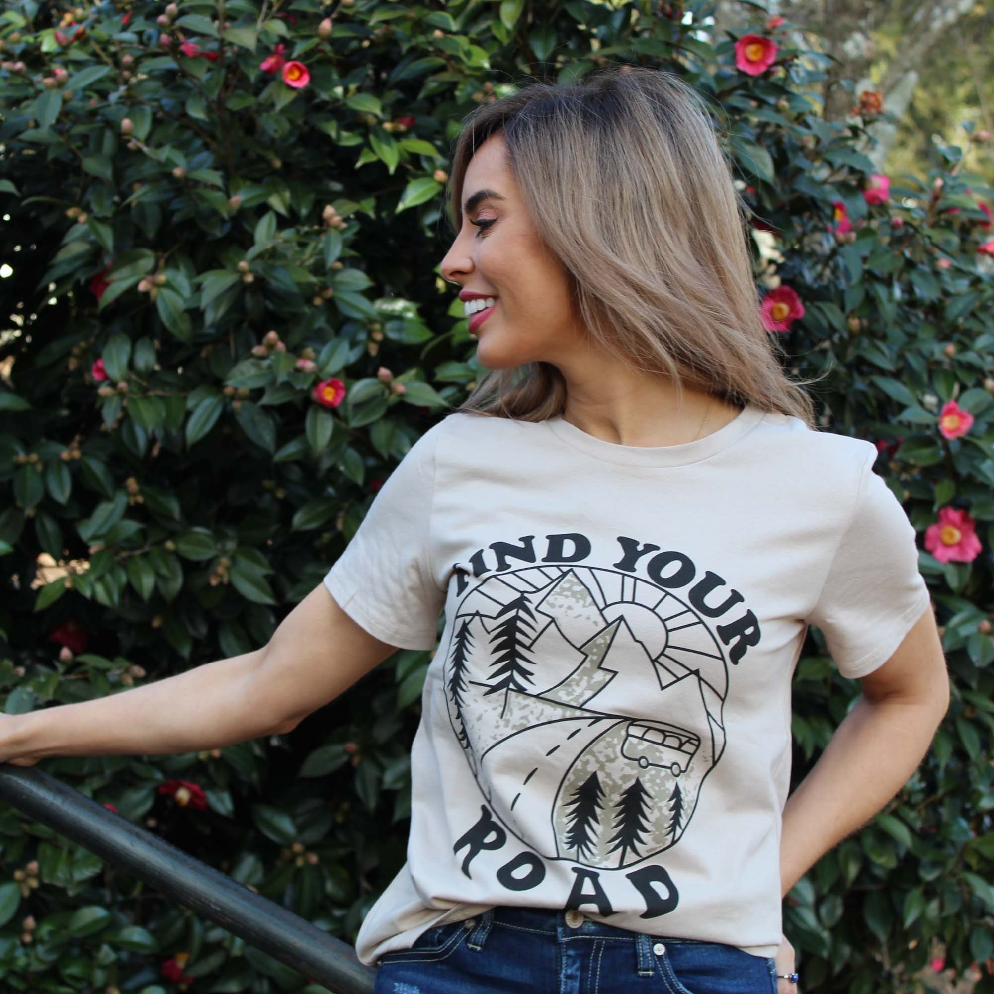 A vintage-inspired Find Your Road T-Shirt in soft fabric, perfect for casual outings.