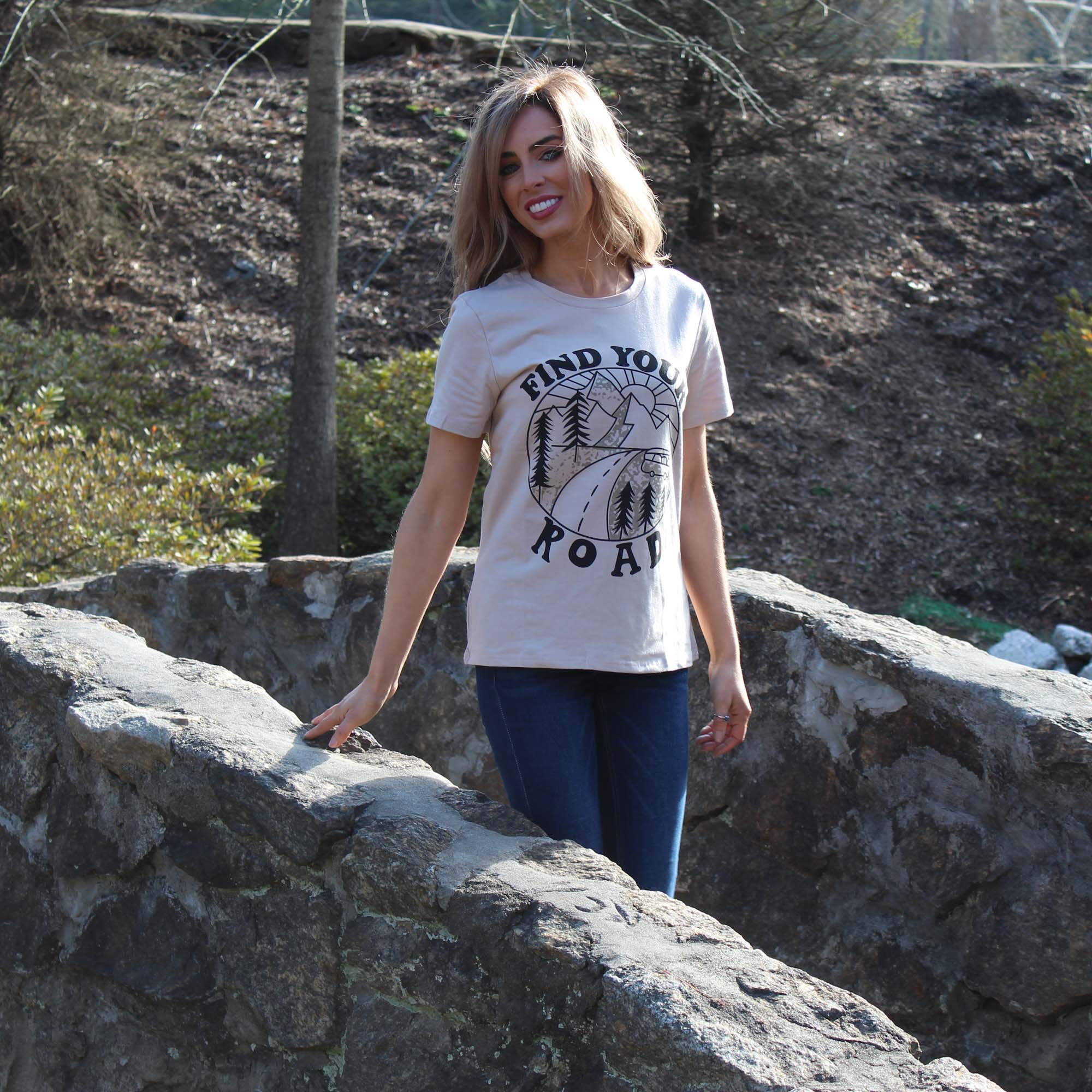 A vintage-inspired Find Your Road T-Shirt in soft fabric, perfect for casual outings.