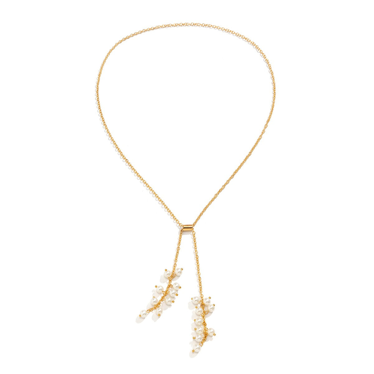 Elegant gold necklace adorned with imitation pearls, featuring a secure metal carabiner closure.