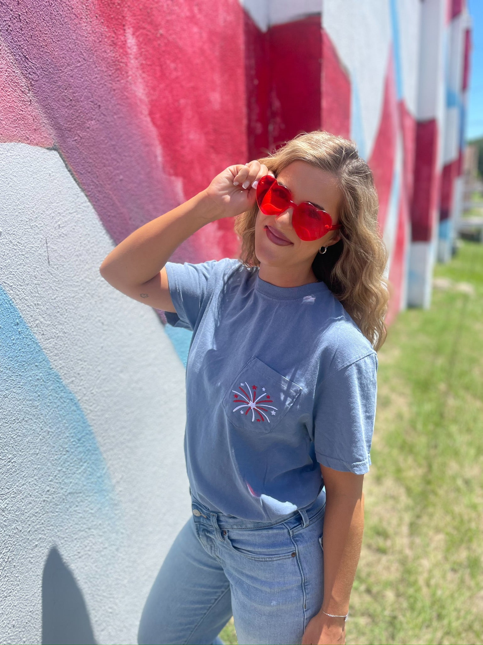 Firework Embroidered Pocket Tee in Blue Jean color, featuring vibrant embroidery on the pocket and soft cotton fabric.