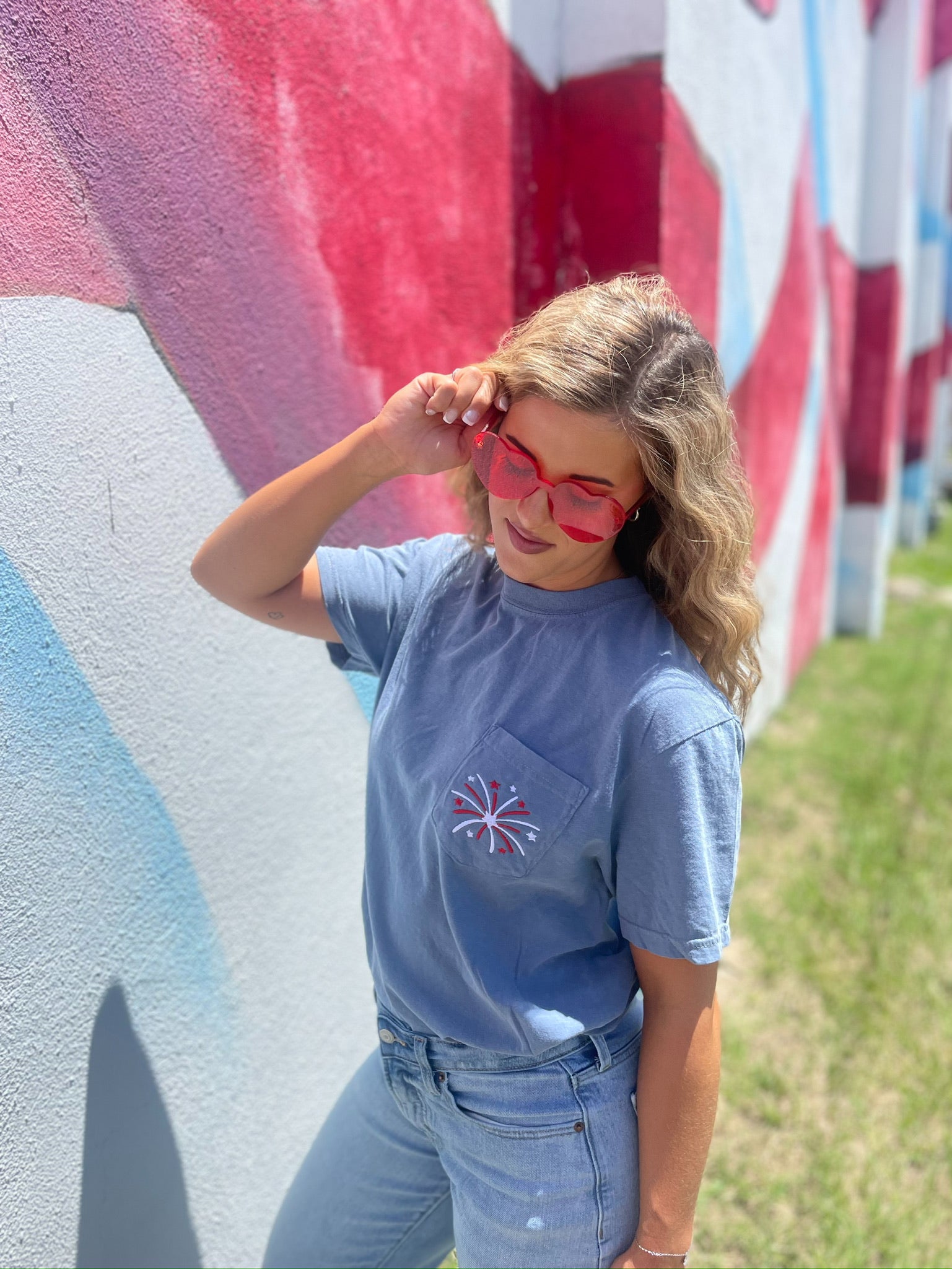 Firework Embroidered Pocket Tee in Blue Jean color, featuring vibrant embroidery on the pocket and soft cotton fabric.