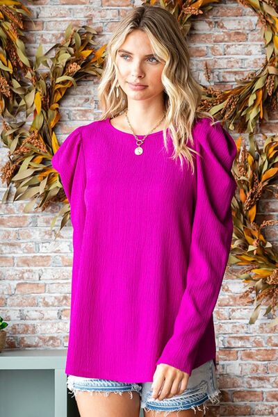 Chic Texture Puff Sleeve Round Neck Blouse in elegant design with puff sleeves and round neck.