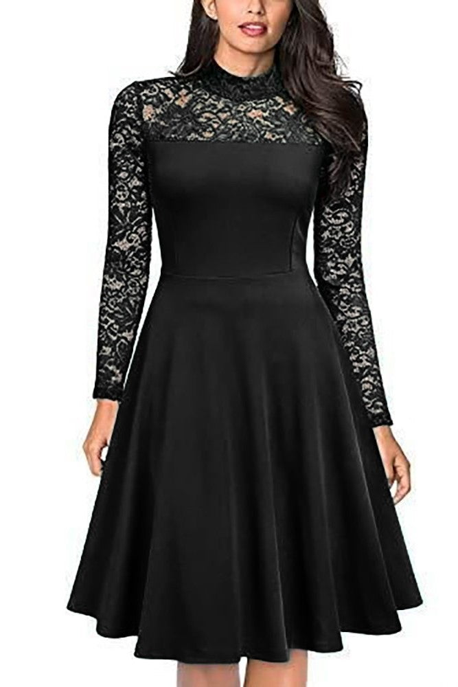 Elegant black fitted midi dress featuring transparent lace long sleeves and a loose skirt that falls below the knees.