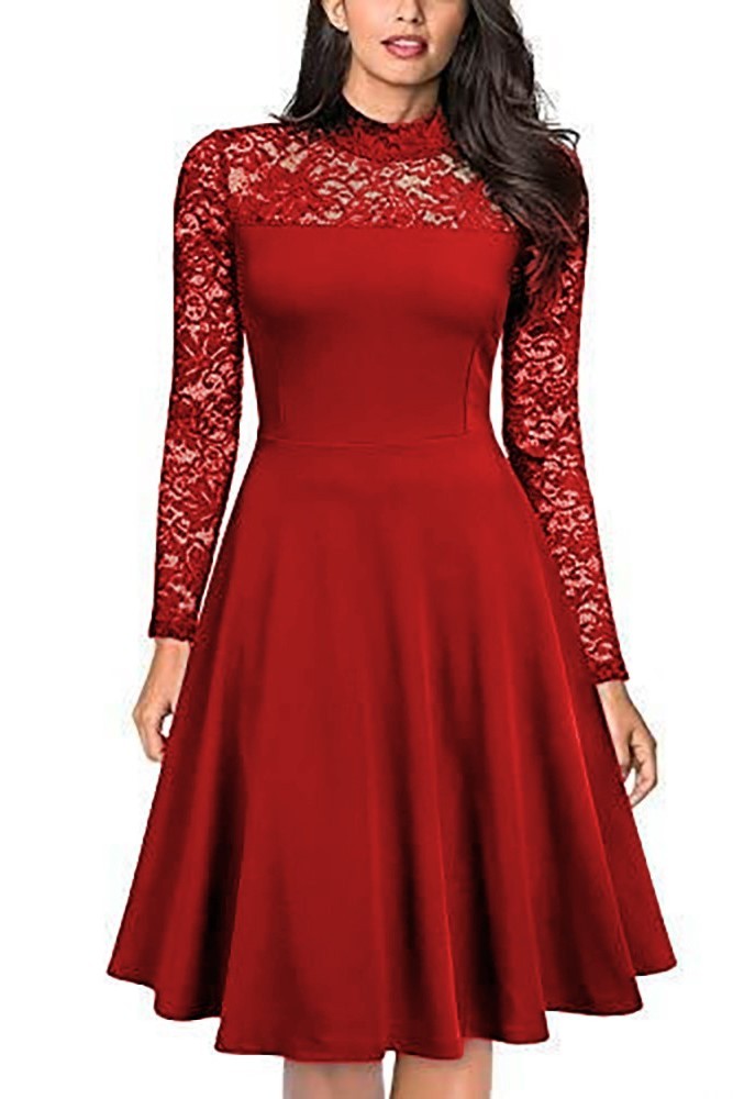 A fitted red midi dress featuring long transparent lace sleeves and a round neckline, with a loose skirt that falls below the knees.