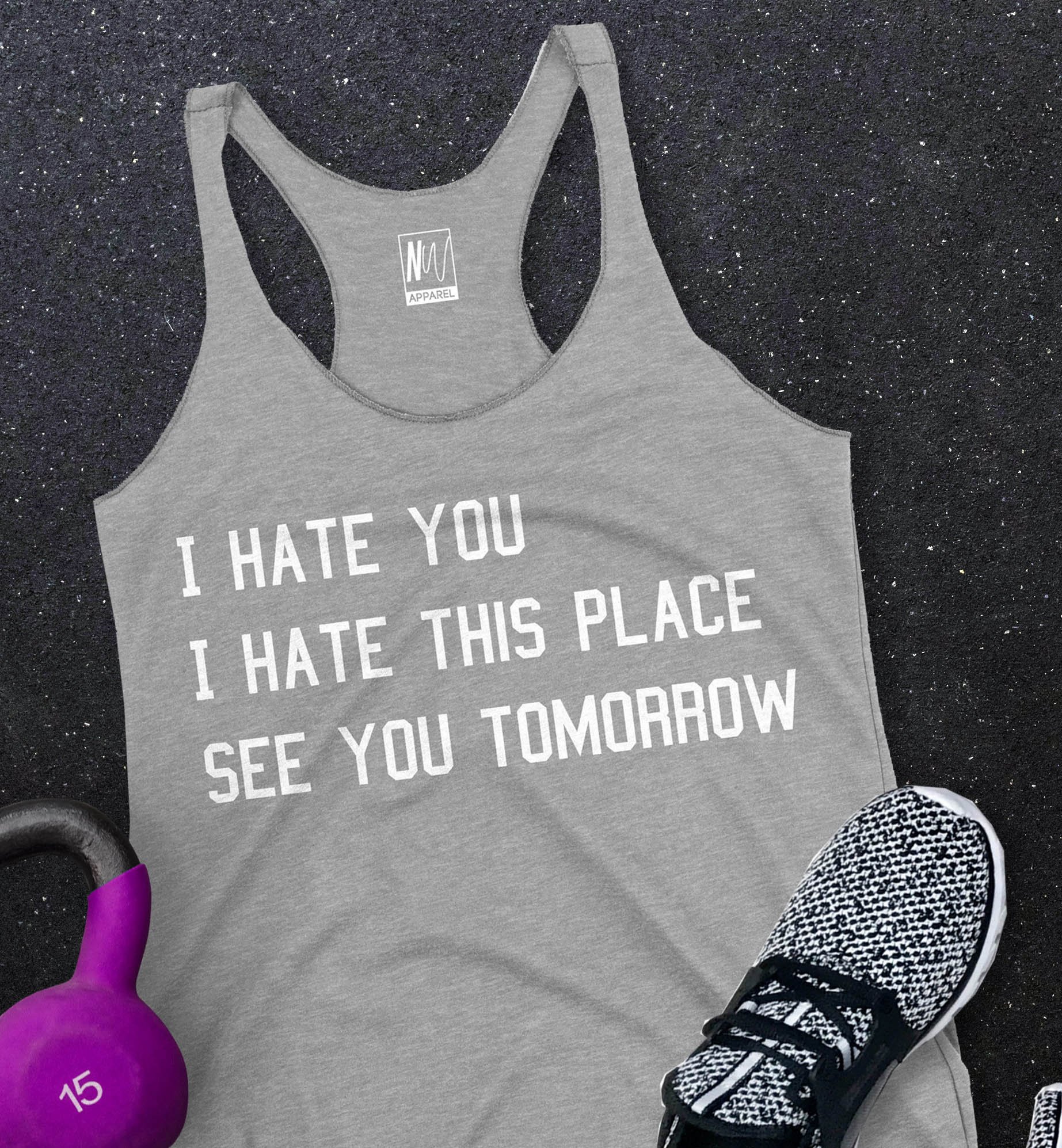 Heather Gray Fitness Class Tank Top with racerback design and motivational slogan.