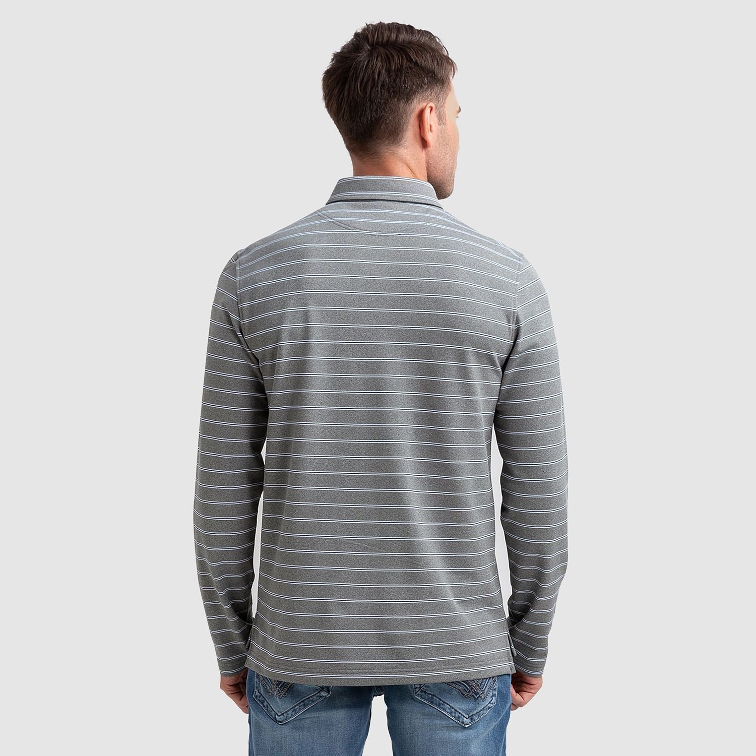 FitVille Men’s EN-JOY Long Sleeve Polo featuring a soft stripe pique fabric, stand collar, and symmetrical stripe patterns.