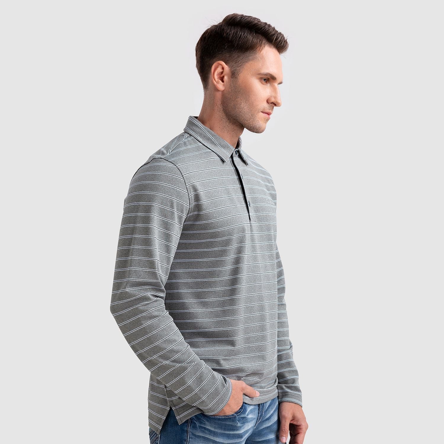 FitVille Men’s EN-JOY Long Sleeve Polo featuring a soft stripe pique fabric, stand collar, and symmetrical stripe patterns.