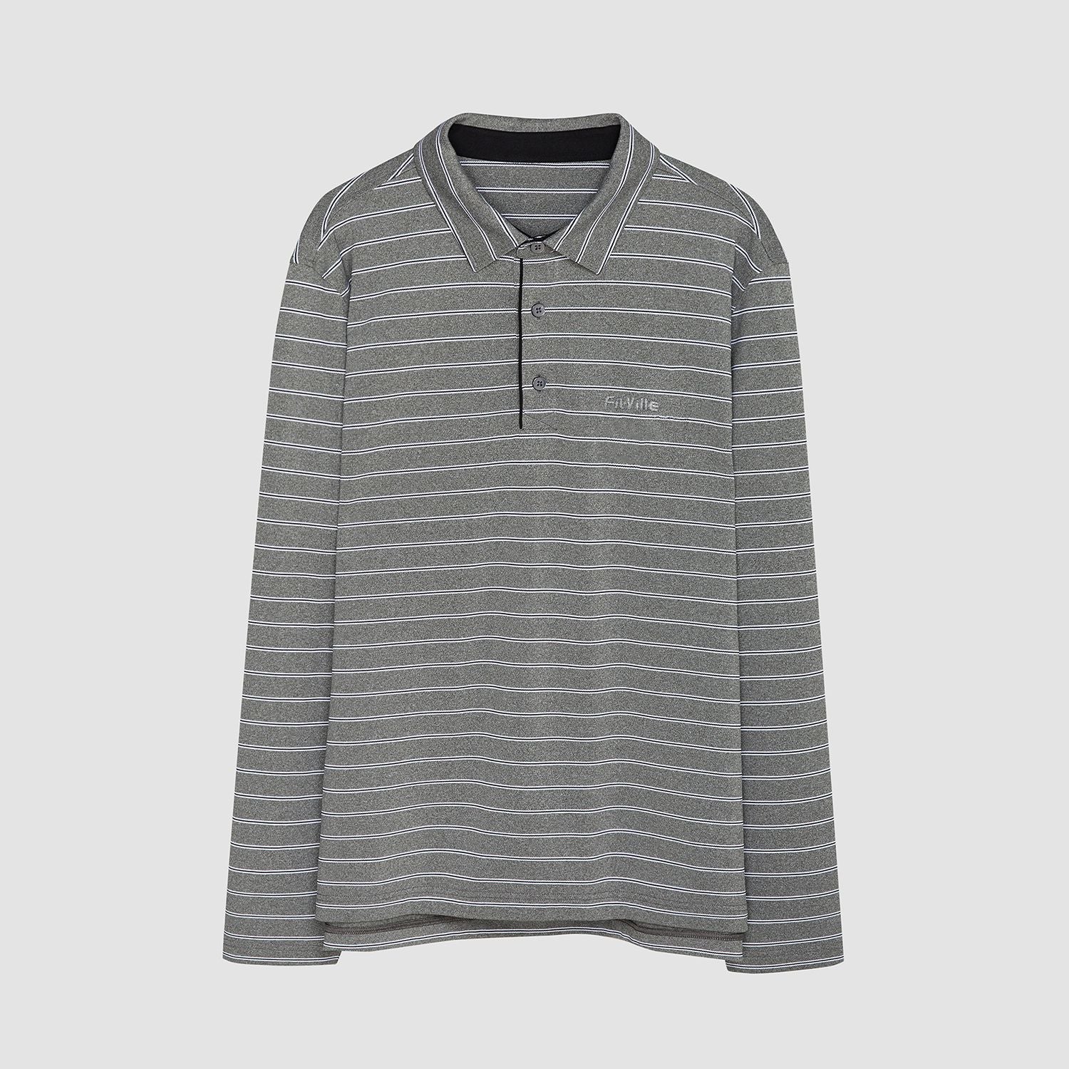 FitVille Men’s EN-JOY Long Sleeve Polo featuring a soft stripe pique fabric, stand collar, and symmetrical stripe patterns.