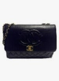 Flap with Top Black Lux Bag featuring gold CC clasp and spacious interior design.