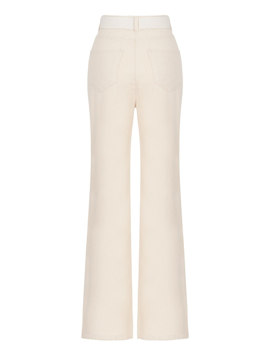 A pair of stylish high-waisted flared jeans with five pockets and a metal buckle self belt, showcasing a trendy design.