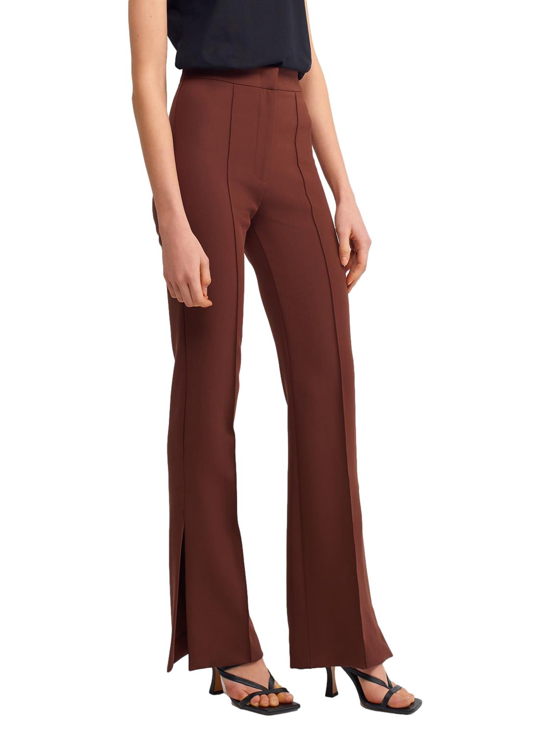 A pair of stylish flared trousers with slits on the sides, made from a comfortable blend of polyester, viscose, and elastane, displayed on a mannequin.