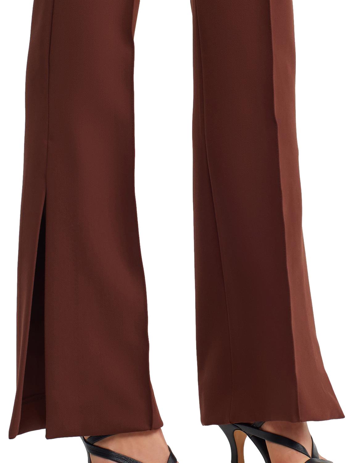 A pair of stylish flared trousers with slits on the sides, made from a comfortable blend of polyester, viscose, and elastane, displayed on a mannequin.