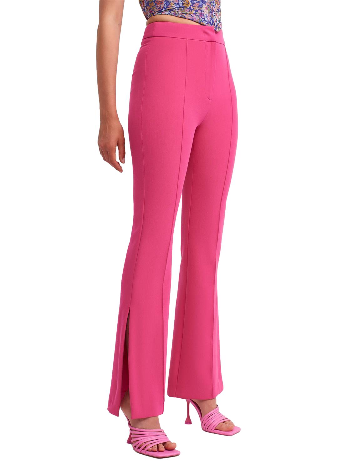 A pair of stylish flared trousers with slits on the sides, made from a comfortable blend of polyester, viscose, and elastane, displayed on a mannequin.