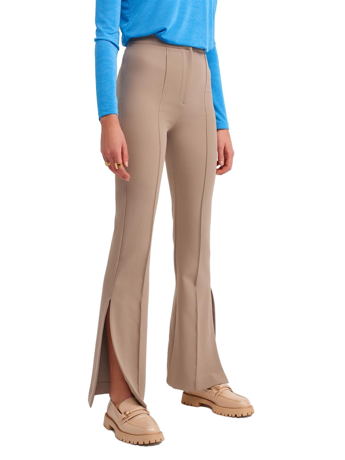 A pair of stylish flared trousers with slits on the sides, made from a comfortable blend of polyester, viscose, and elastane, displayed on a mannequin.