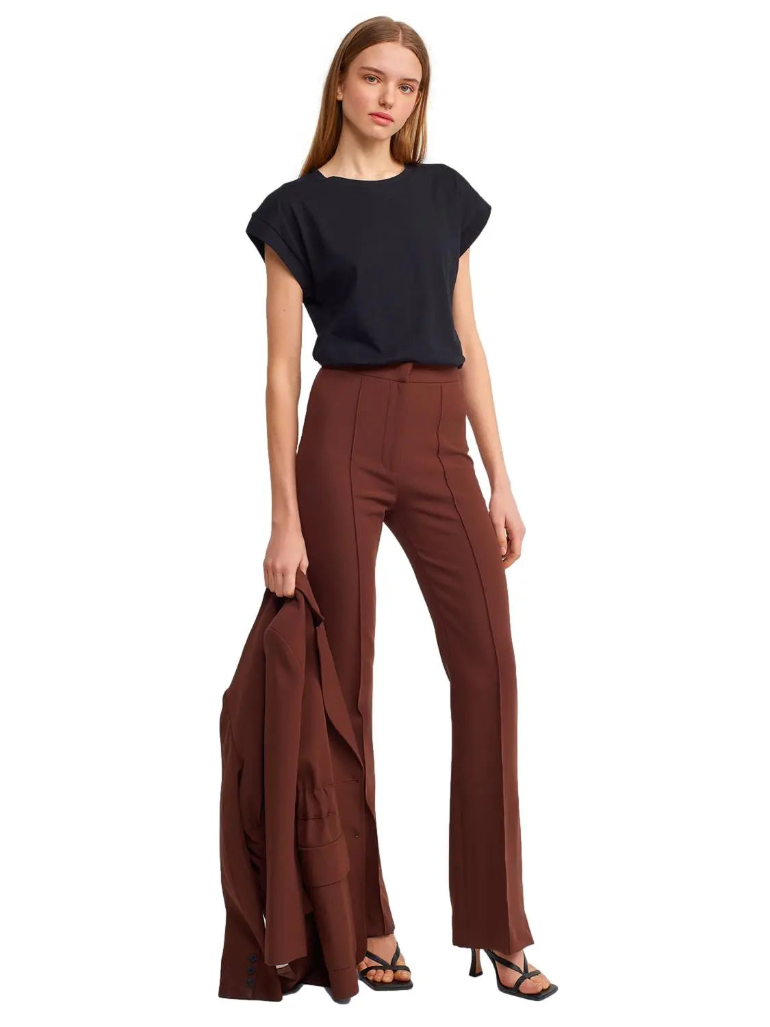 A pair of stylish flared trousers with slits on the sides, made from a comfortable blend of polyester, viscose, and elastane, displayed on a mannequin.