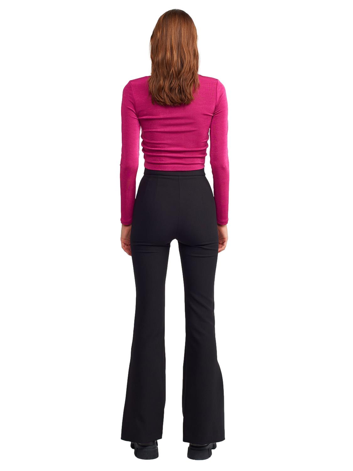 A pair of stylish flared trousers with slits on the sides, made from a comfortable blend of polyester, viscose, and elastane, displayed on a mannequin.