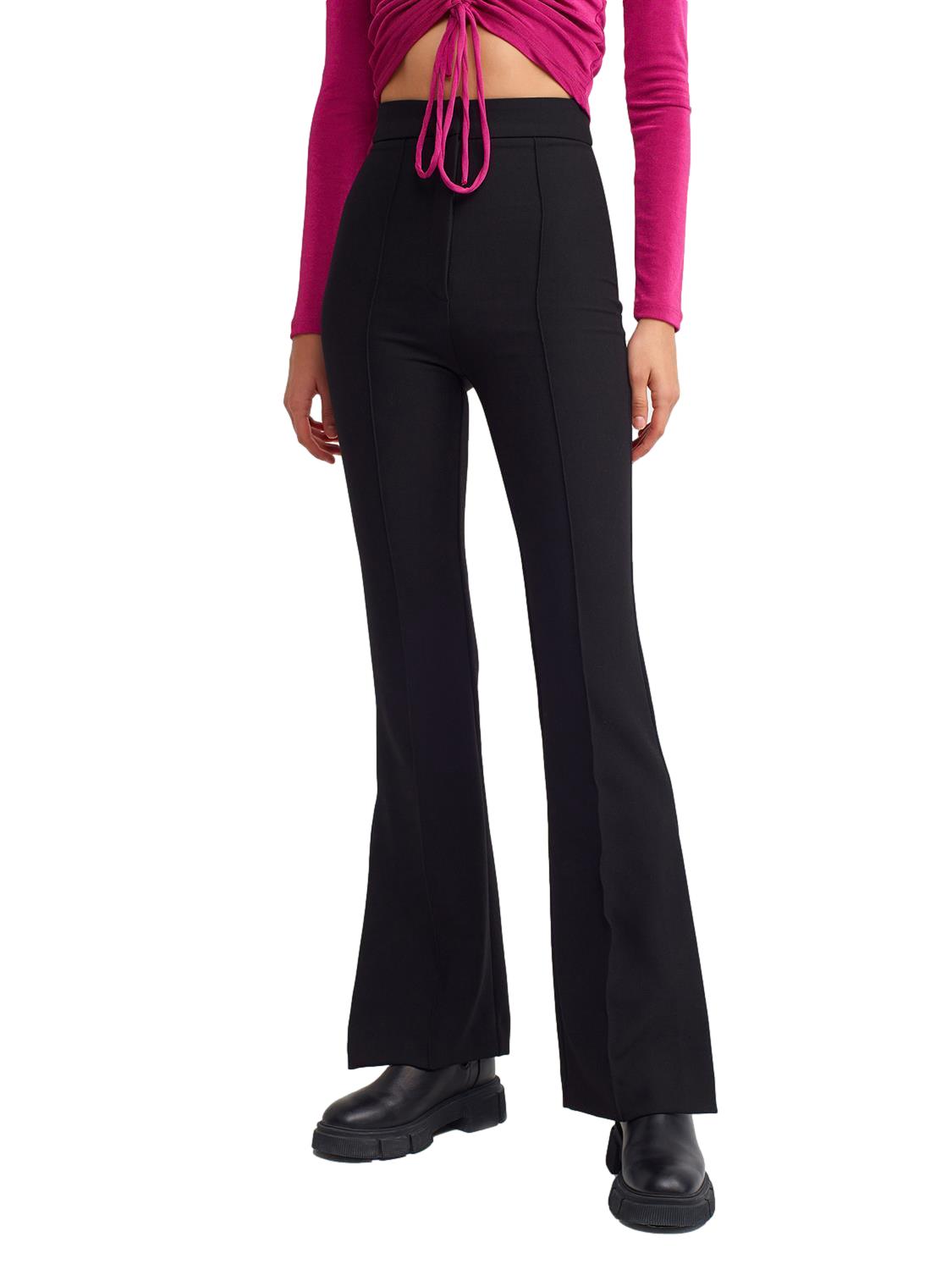 A pair of stylish flared trousers with slits on the sides, made from a comfortable blend of polyester, viscose, and elastane, displayed on a mannequin.