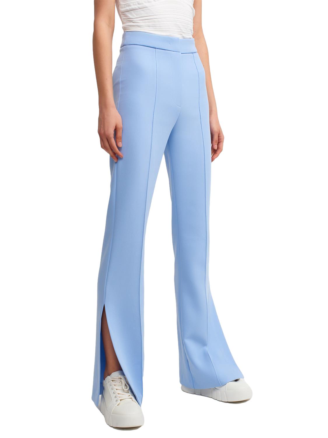 A pair of stylish flared trousers with slits on the sides, made from a comfortable blend of polyester, viscose, and elastane, displayed on a mannequin.