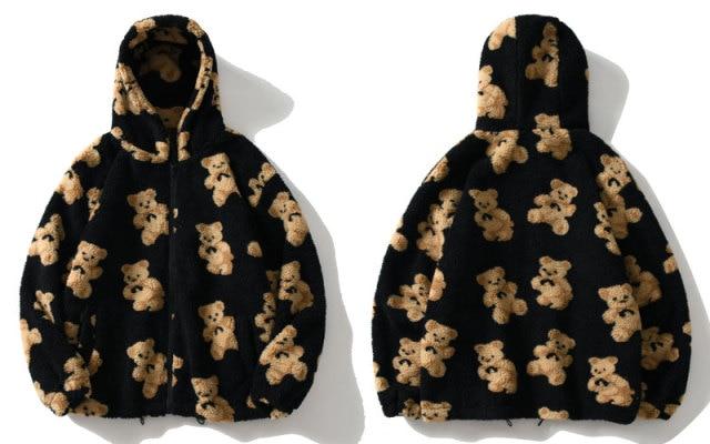 GONTHWID fleece hooded jacket in black with bear vintage print, showcasing zipper closure and hood for warmth.