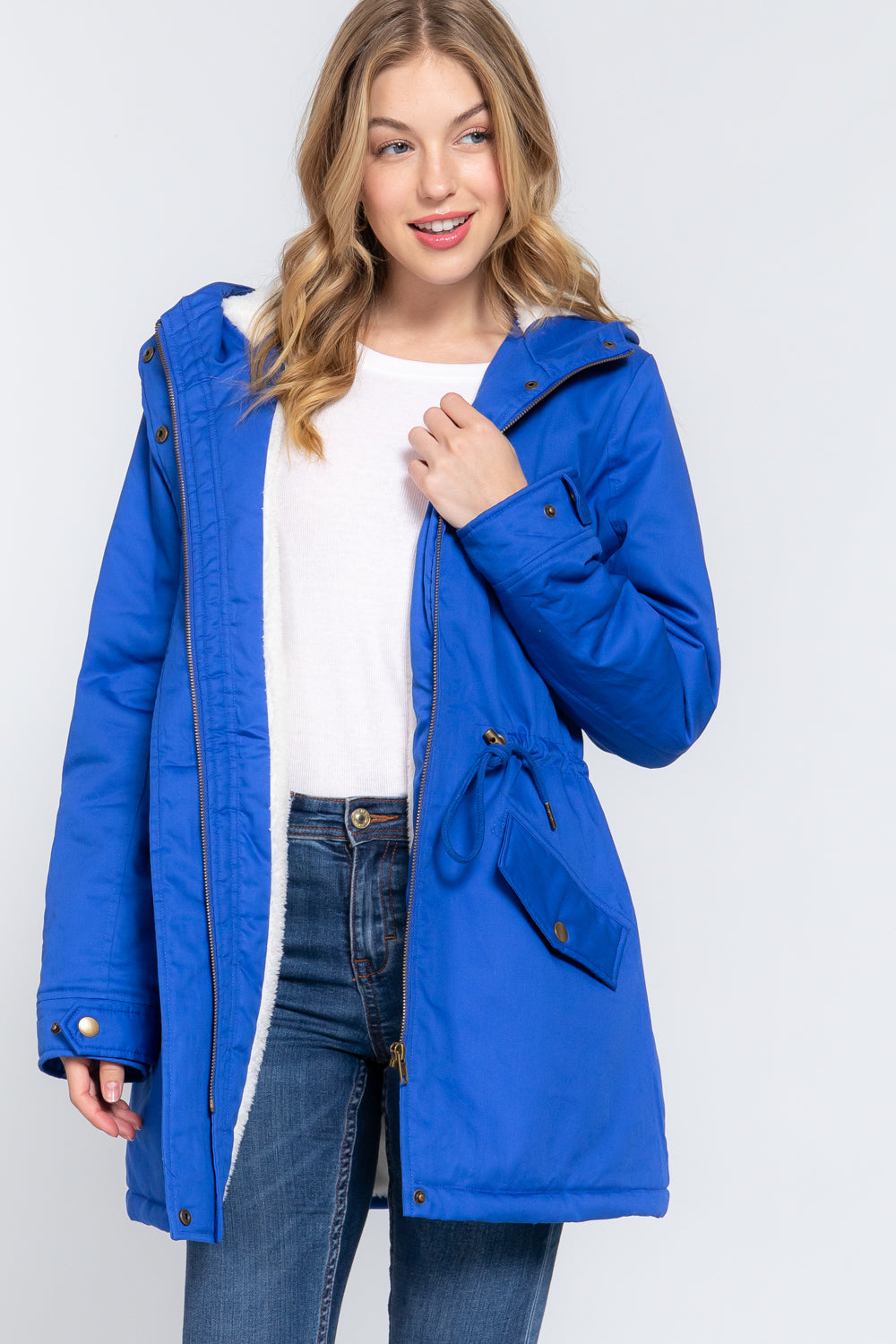 Fleece Lined Fur Hoodie Utility Jacket in royal blue with plush fur hood and adjustable drawstring.