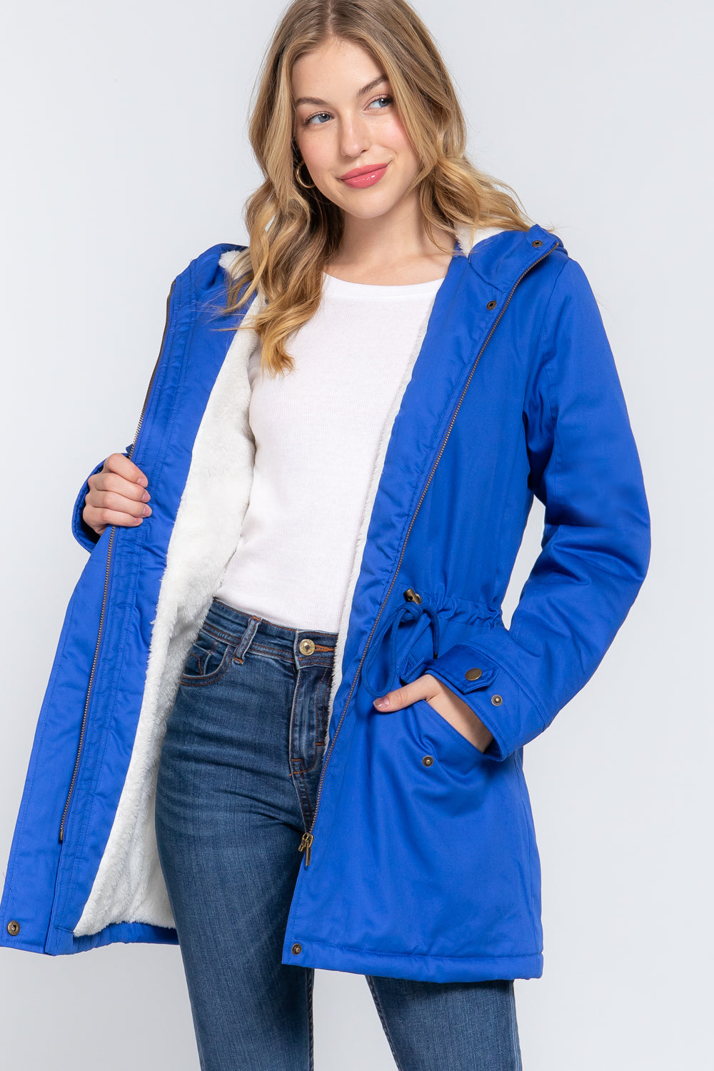 Fleece Lined Fur Hoodie Utility Jacket in royal blue with plush fur hood and adjustable drawstring.