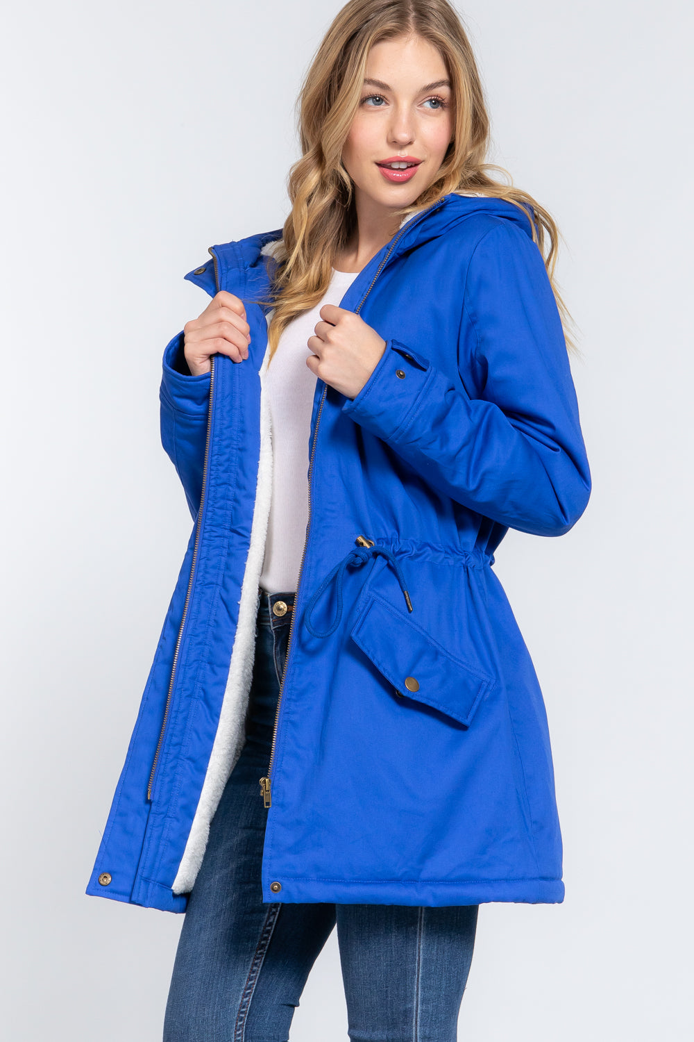 Fleece Lined Fur Hoodie Utility Jacket in royal blue with plush fur hood and adjustable drawstring.