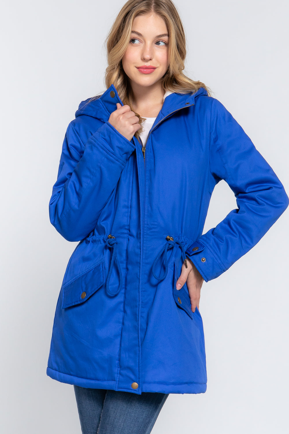 Fleece Lined Fur Hoodie Utility Jacket in royal blue with plush fur hood and adjustable drawstring.