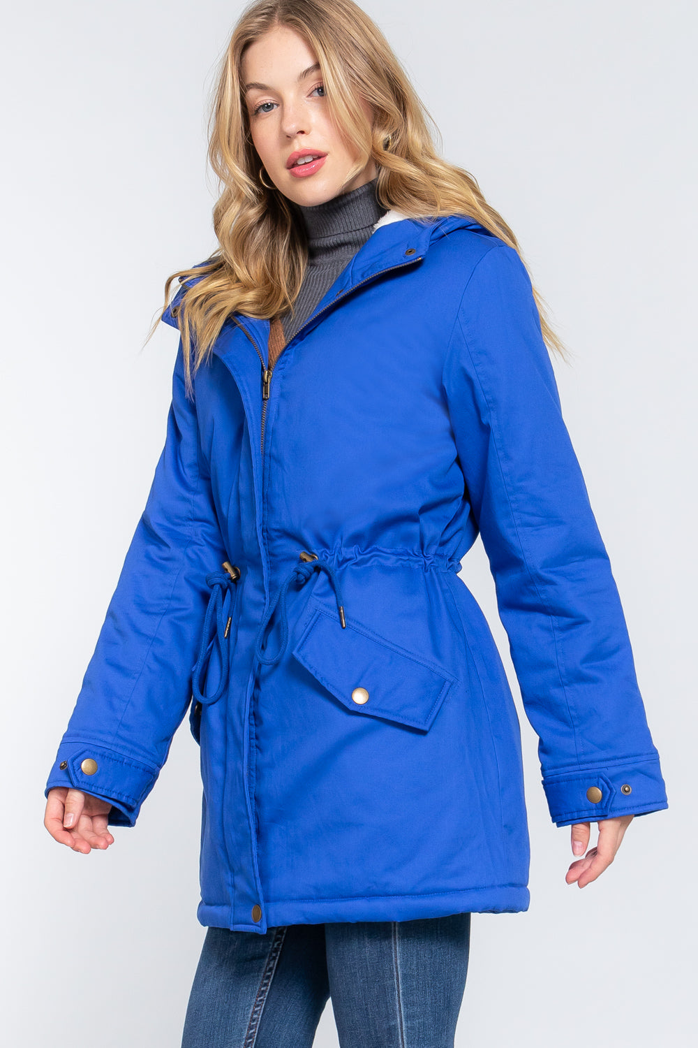 Fleece Lined Fur Hoodie Utility Jacket in royal blue with plush fur hood and adjustable drawstring.