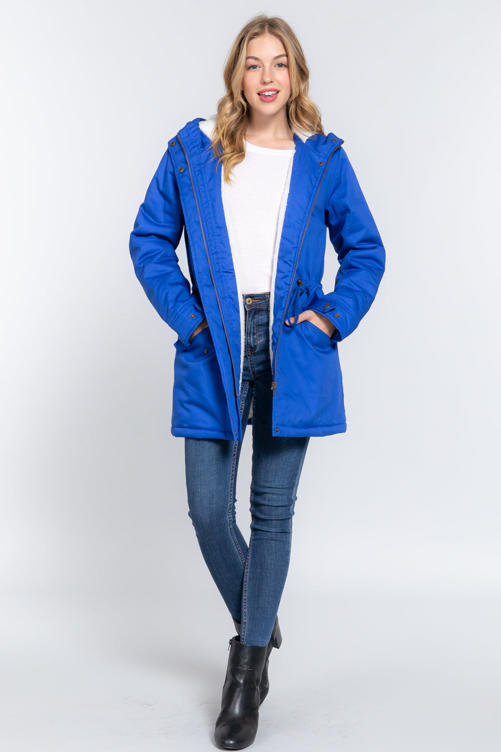 Fleece Lined Fur Hoodie Utility Jacket in royal blue with plush fur hood and adjustable drawstring.