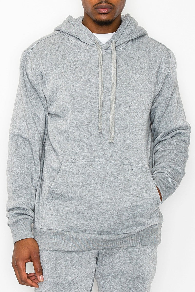 Heather Grey Fleece Pullover Hoodie with Kangaroo Pocket, featuring ribbed cuffs and adjustable drawstring for a cozy fit.