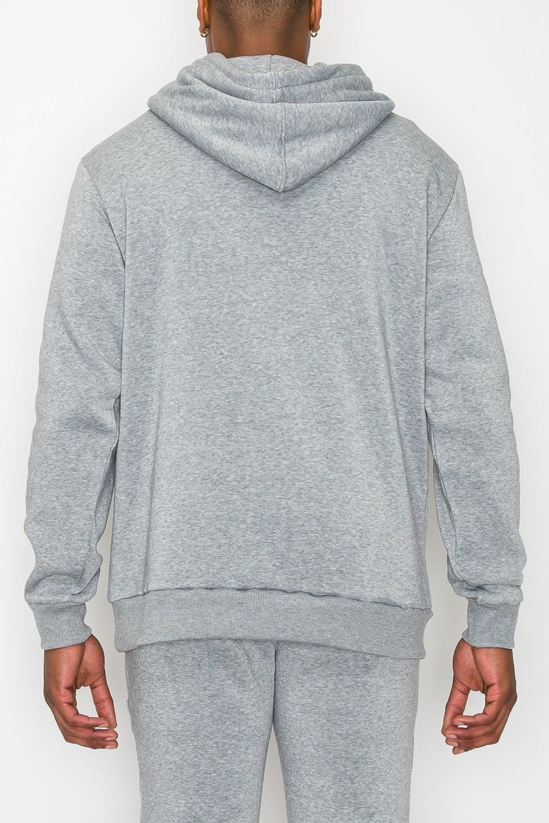 Heather Grey Fleece Pullover Hoodie with Kangaroo Pocket, featuring ribbed cuffs and adjustable drawstring for a cozy fit.