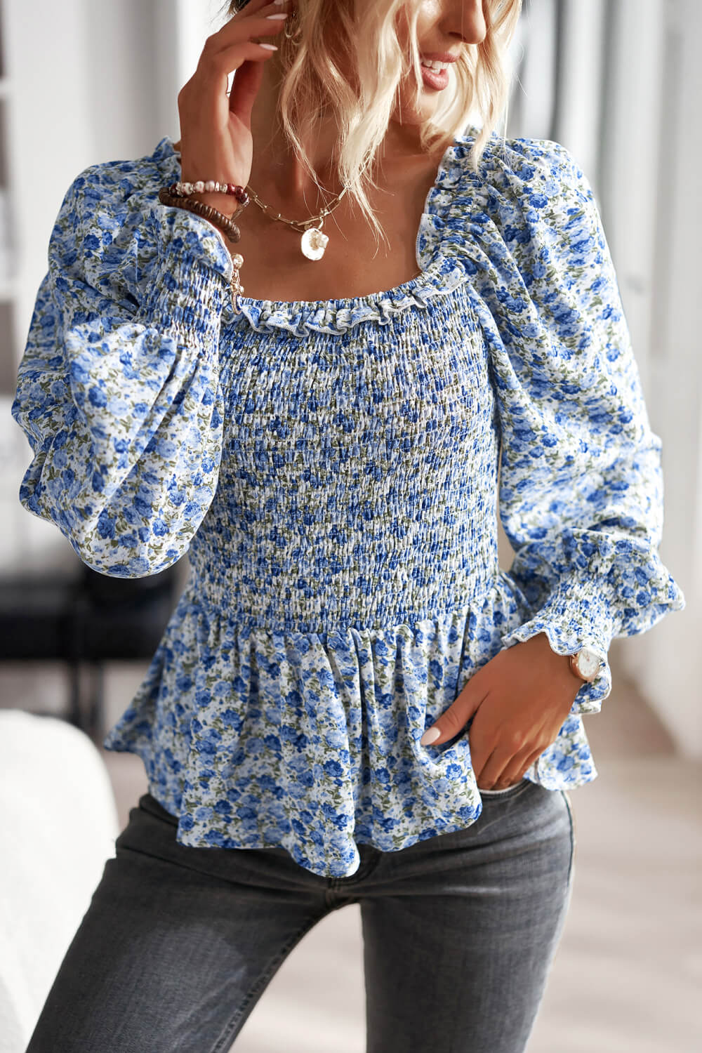 Floral Frill Trim Smocked Flounce Sleeve Peplum Blouse featuring a chic floral pattern, square neckline, and elegant flounce sleeves.