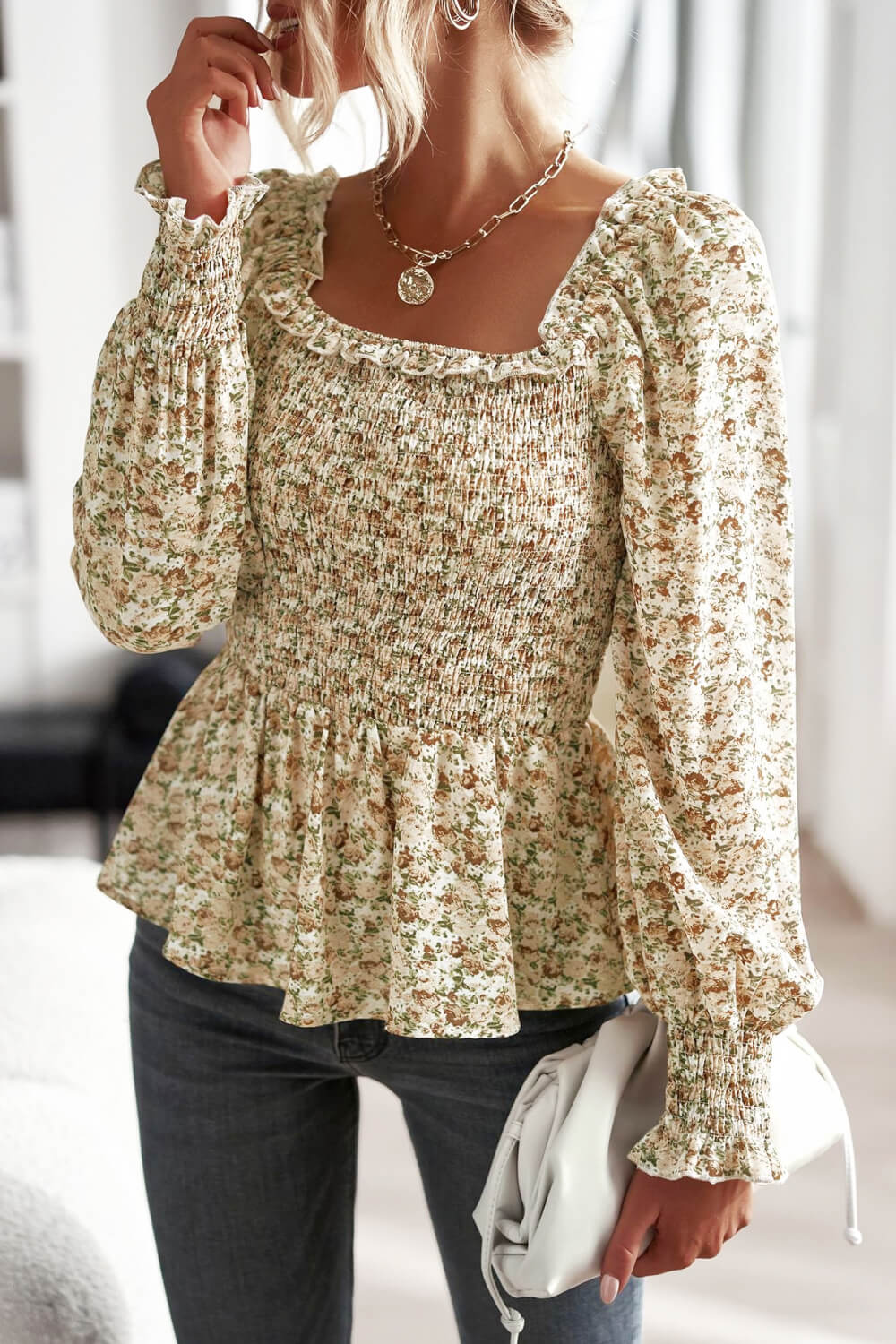 Floral Frill Trim Smocked Flounce Sleeve Peplum Blouse featuring a chic floral pattern, square neckline, and elegant flounce sleeves.