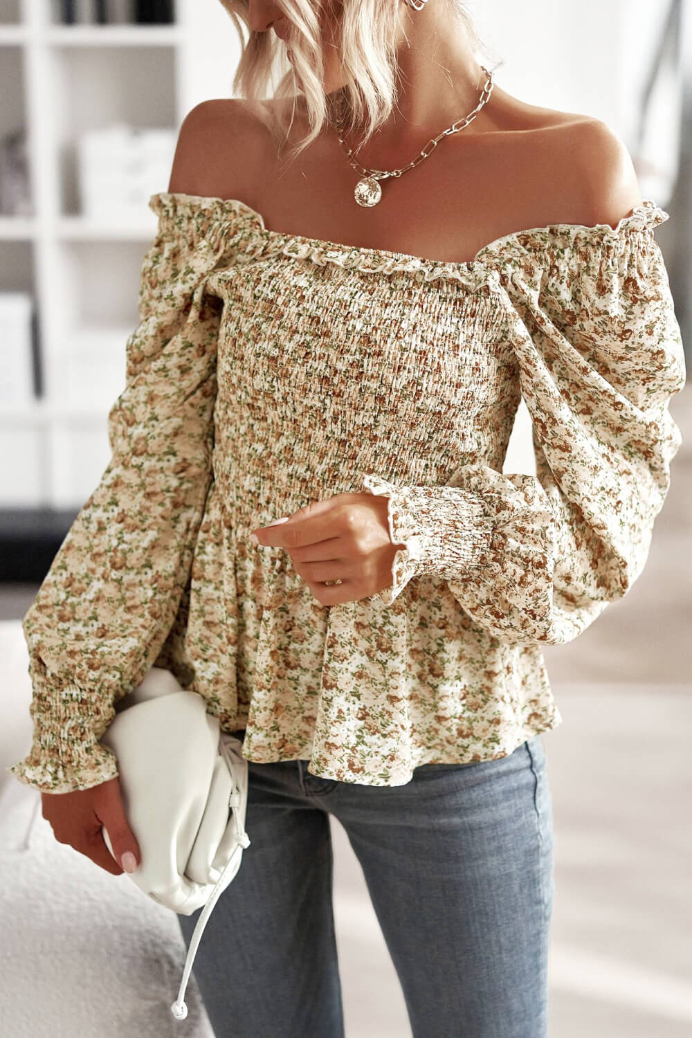 Floral Frill Trim Smocked Flounce Sleeve Peplum Blouse featuring a chic floral pattern, square neckline, and elegant flounce sleeves.